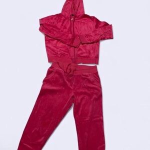 Chic Red Velour Hoodie and Pants Set